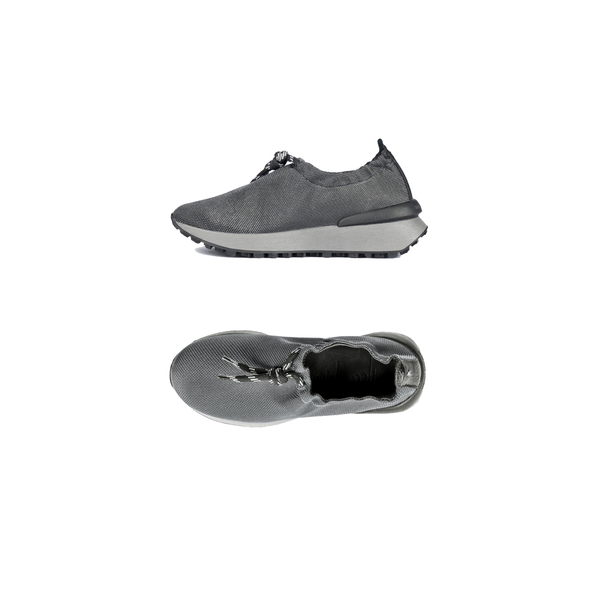 metallic grey slip-on sneakers with black calfskin leather details