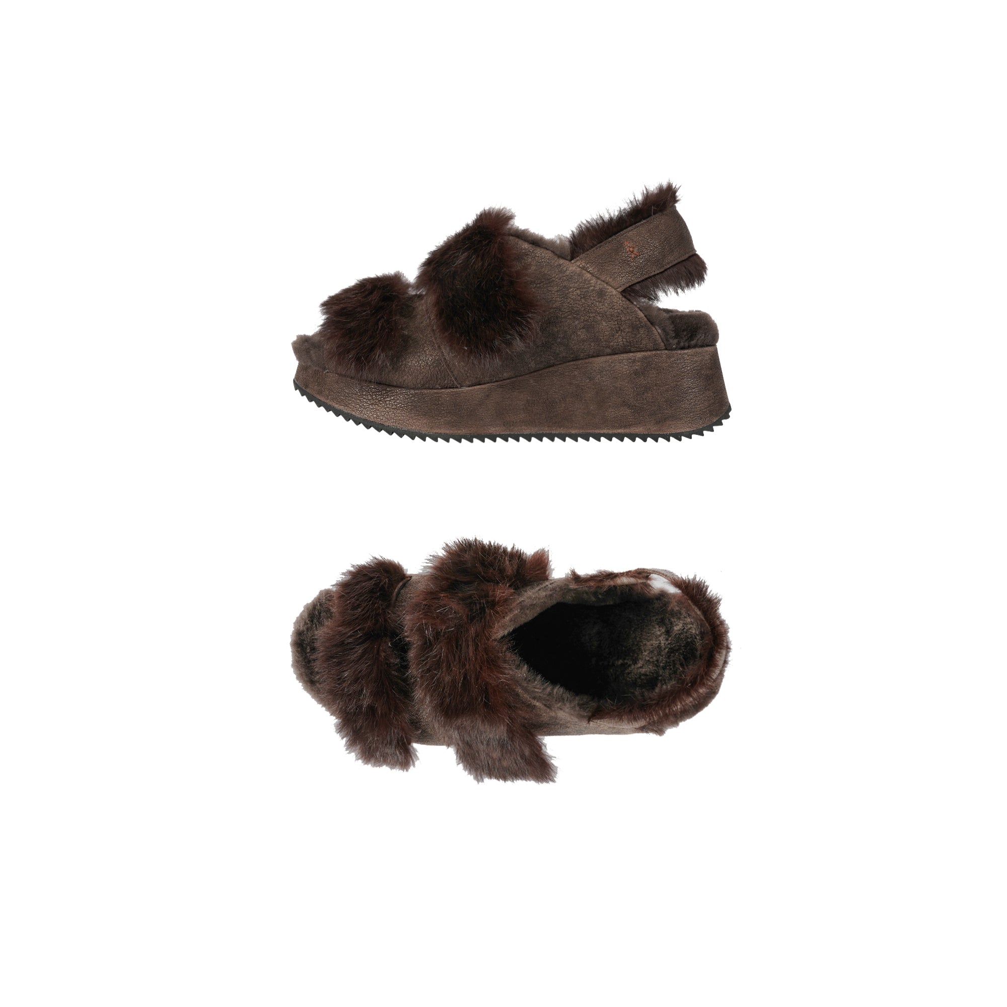 A pair of dark brown leather and fur sandals with double straps and wedge rubber sole.
