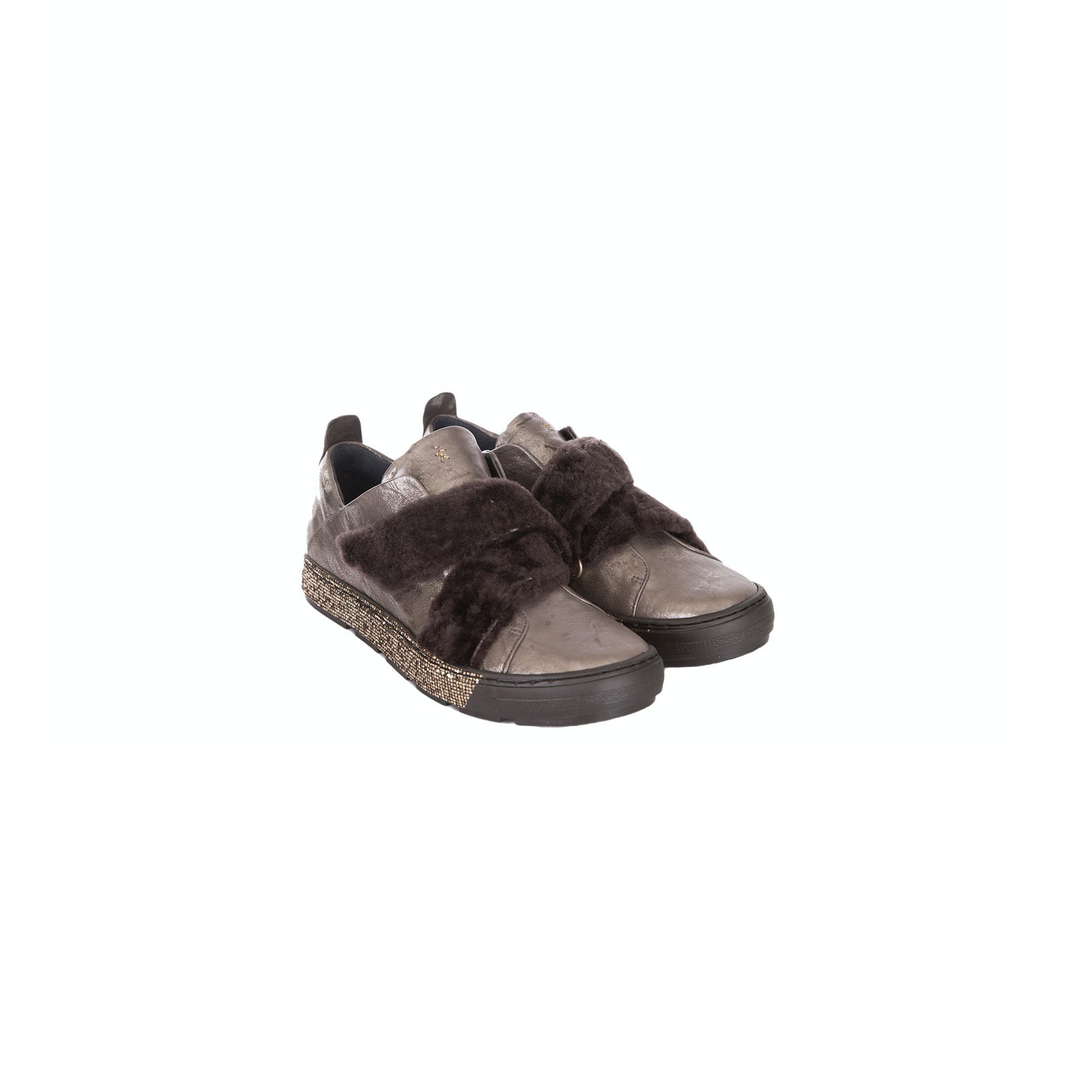 A pair of gray and brown sneakers with a faux fur grip-strap and contrast gold rubber sole, featuring a round toe and pull tab at backstay with logo embroidery.
