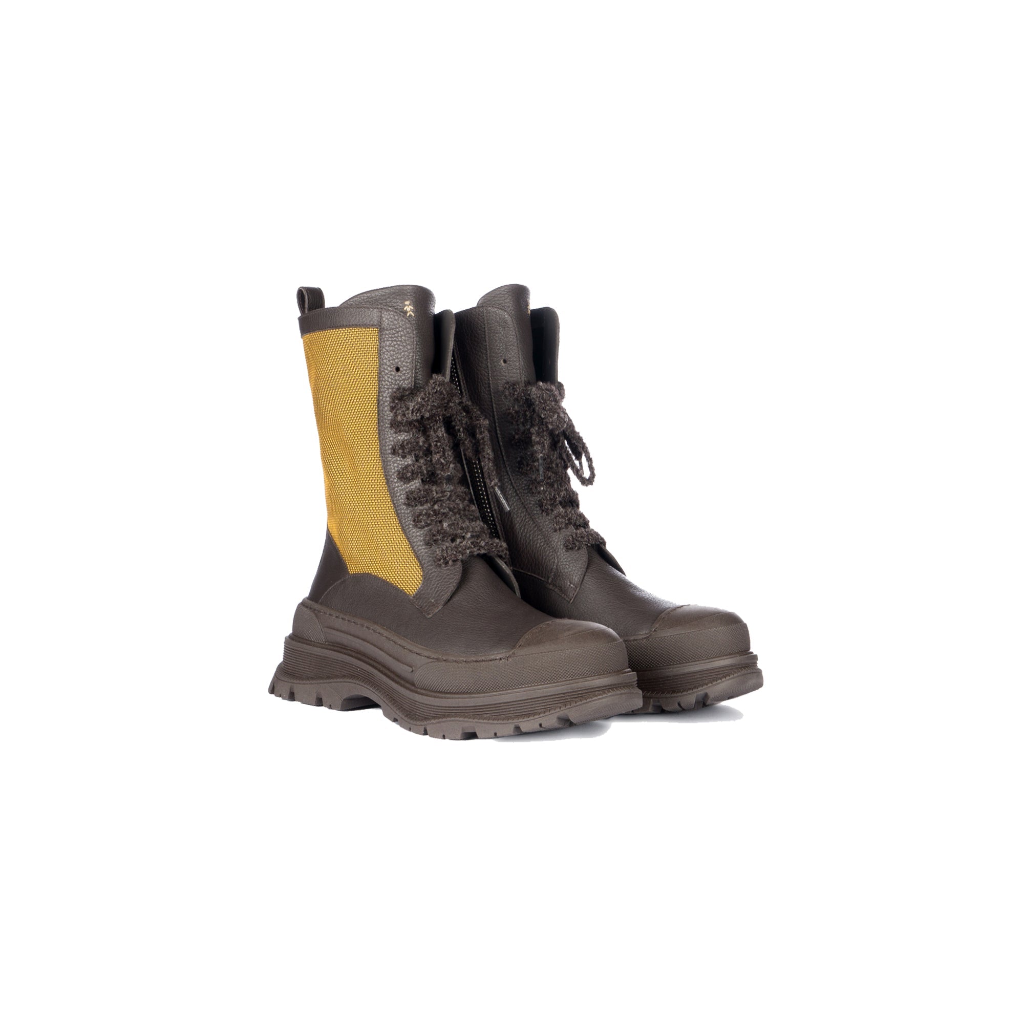 dark brown leather combat boots with curry (yellow) accents, featuring a lace-up front, side zip, and a high rubber outsole.